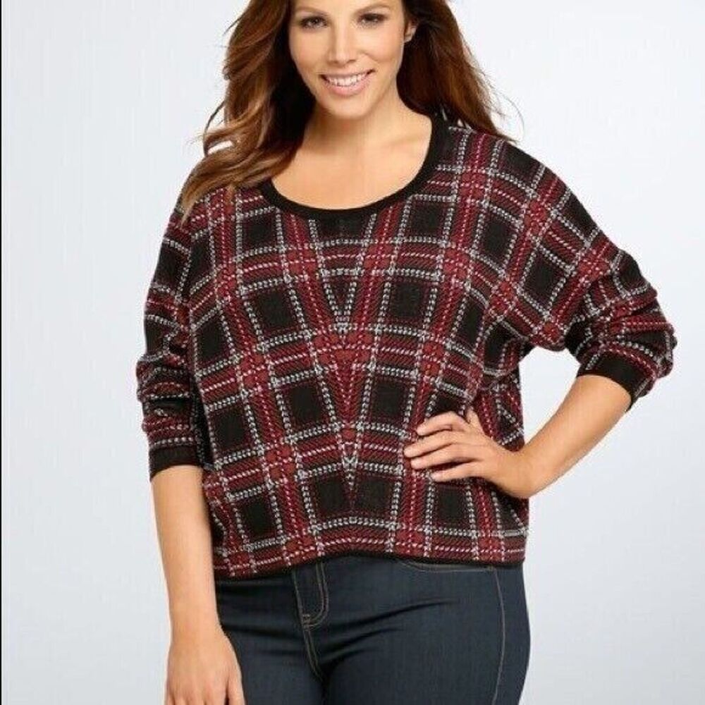 Torrid Sweater Red Black Plaid Cropped Long Sleeve Knit Pullover Size Large